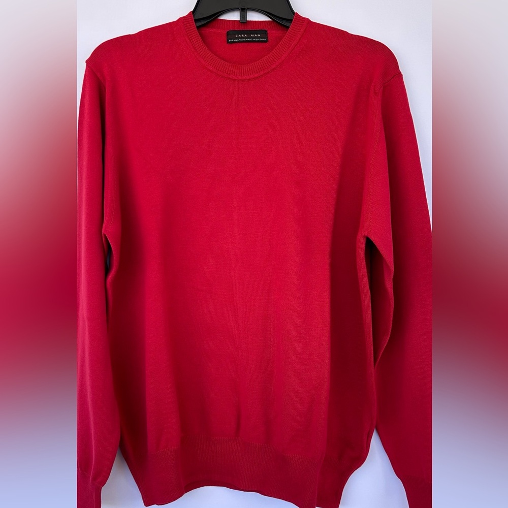 Zara Man Men’s Crew Neck Sweater Tight Knit Long Sleeve Red Size Large‎